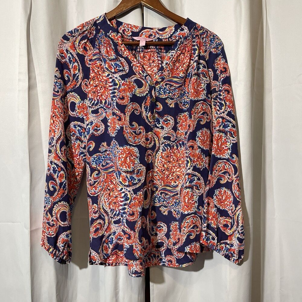 Lilly Pulitzer 100% Silk Elsa Popover Top Peasant Paisley Boxy Fit Women’s Sz S - Picture 2 of 6